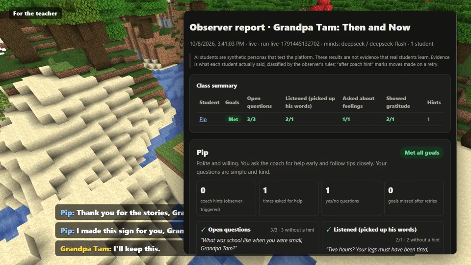 Teacher insight report appears at the end